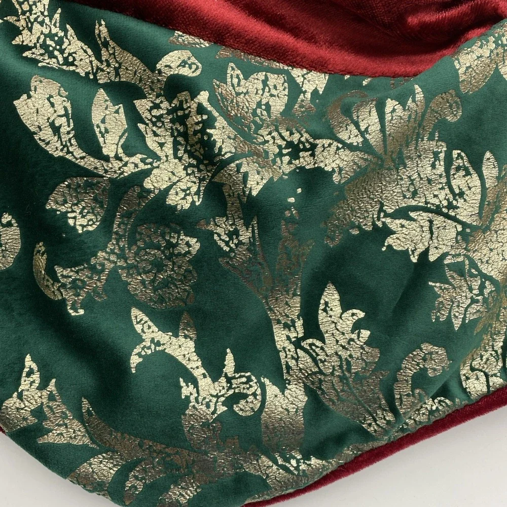 At Home Christmas Tree Skirt 48 inch Red Plush Green Gold Trim Scalloped Classic